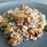 wild rice casserole on a gray plate
