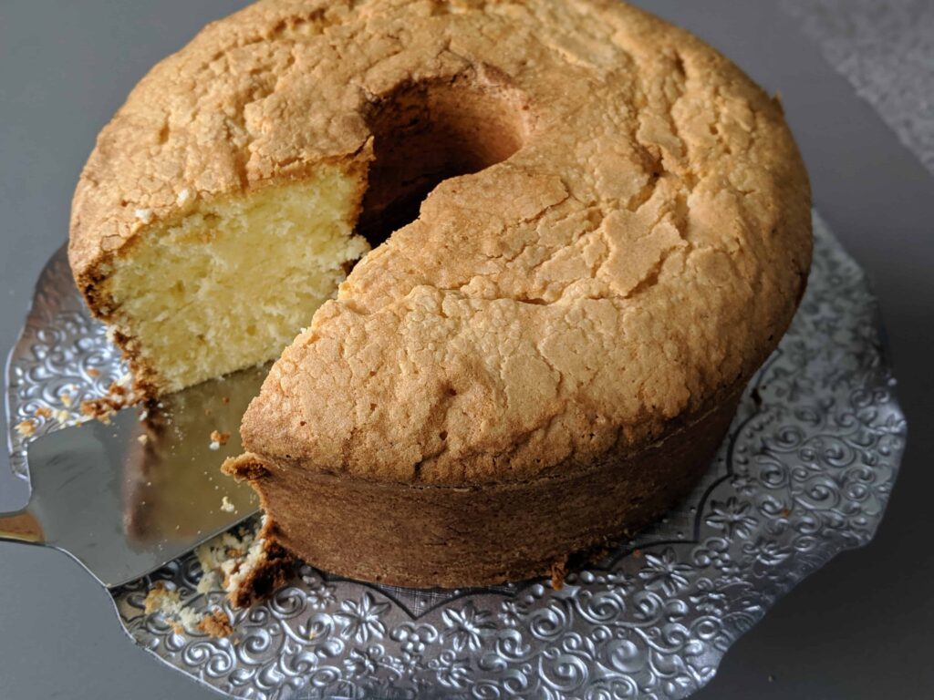 pound cake on a silver cake stand