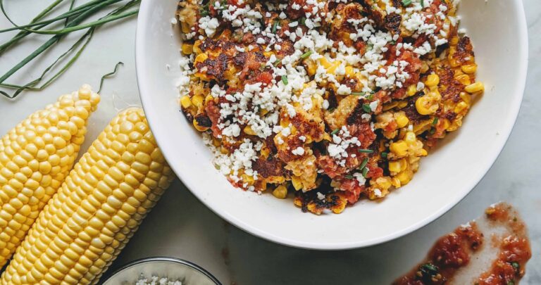 Elote Fritter Bowl in a white bowl with corn