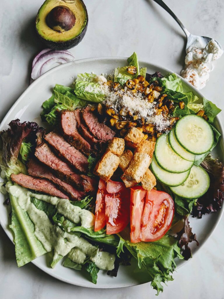 Roasted Corn and Flank Steak Salad with Green Goddess Dressing