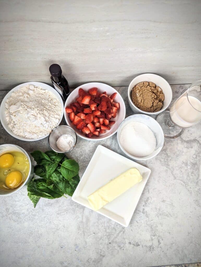 strawberry bread ingredients in small bowls
